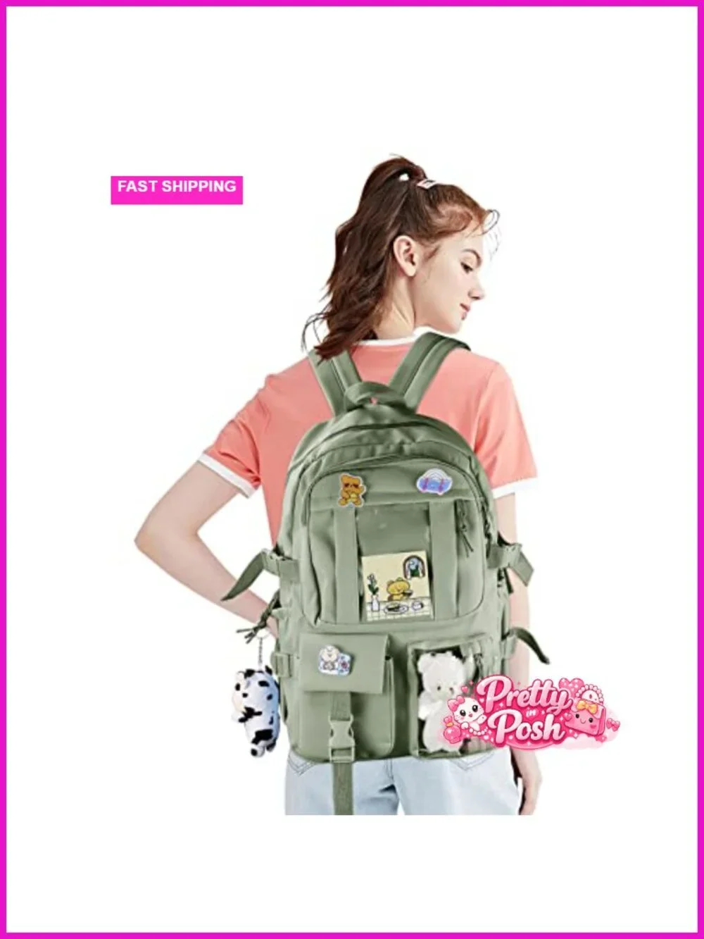 Kawaii Backpack for Teen Girls Aesthetic Student Bookbag with Pins